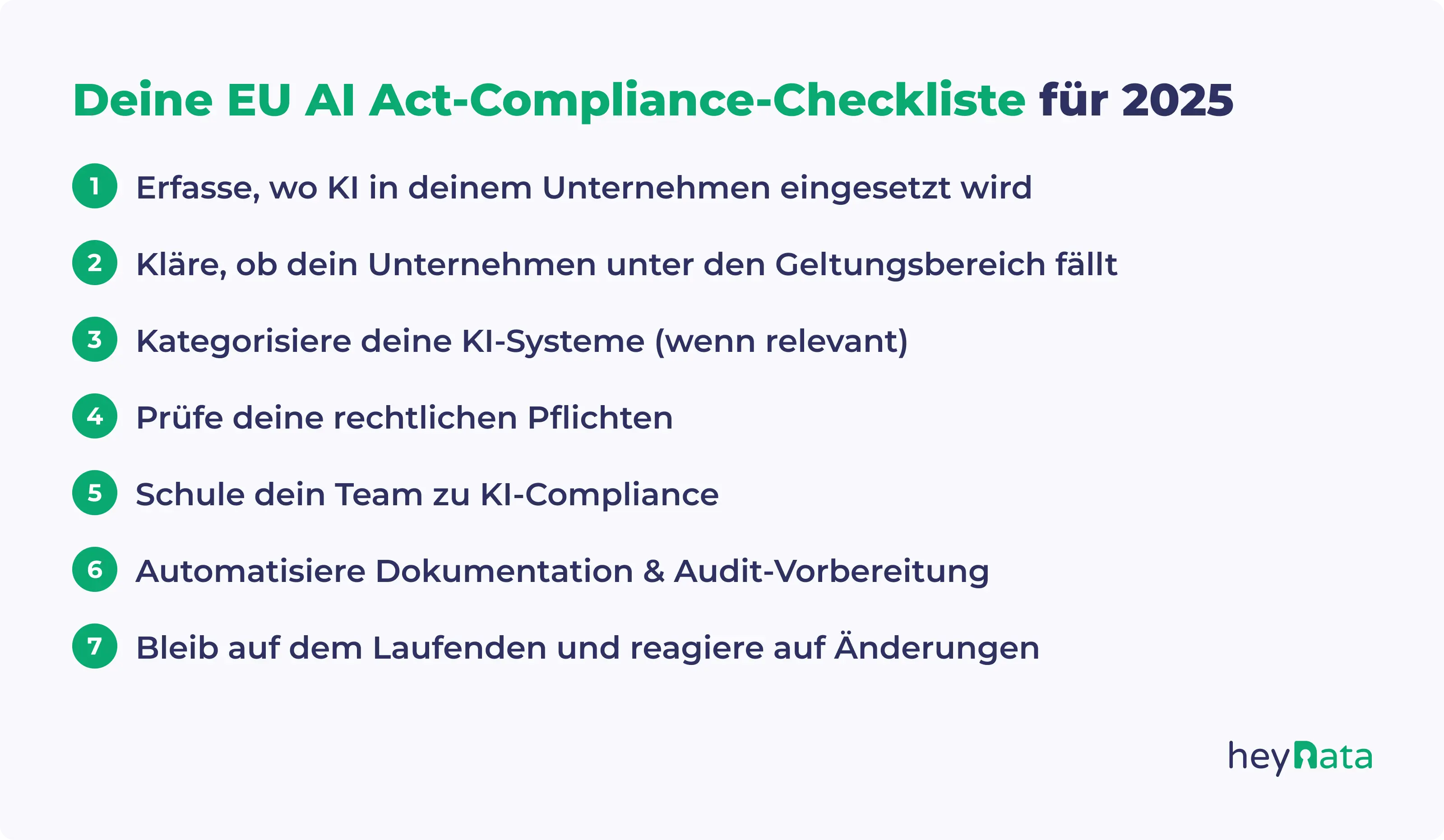 EU AI Act-Checkliste mit sieben Schritten zur KI-Compliance für Unternehmen im Jahr 2025.