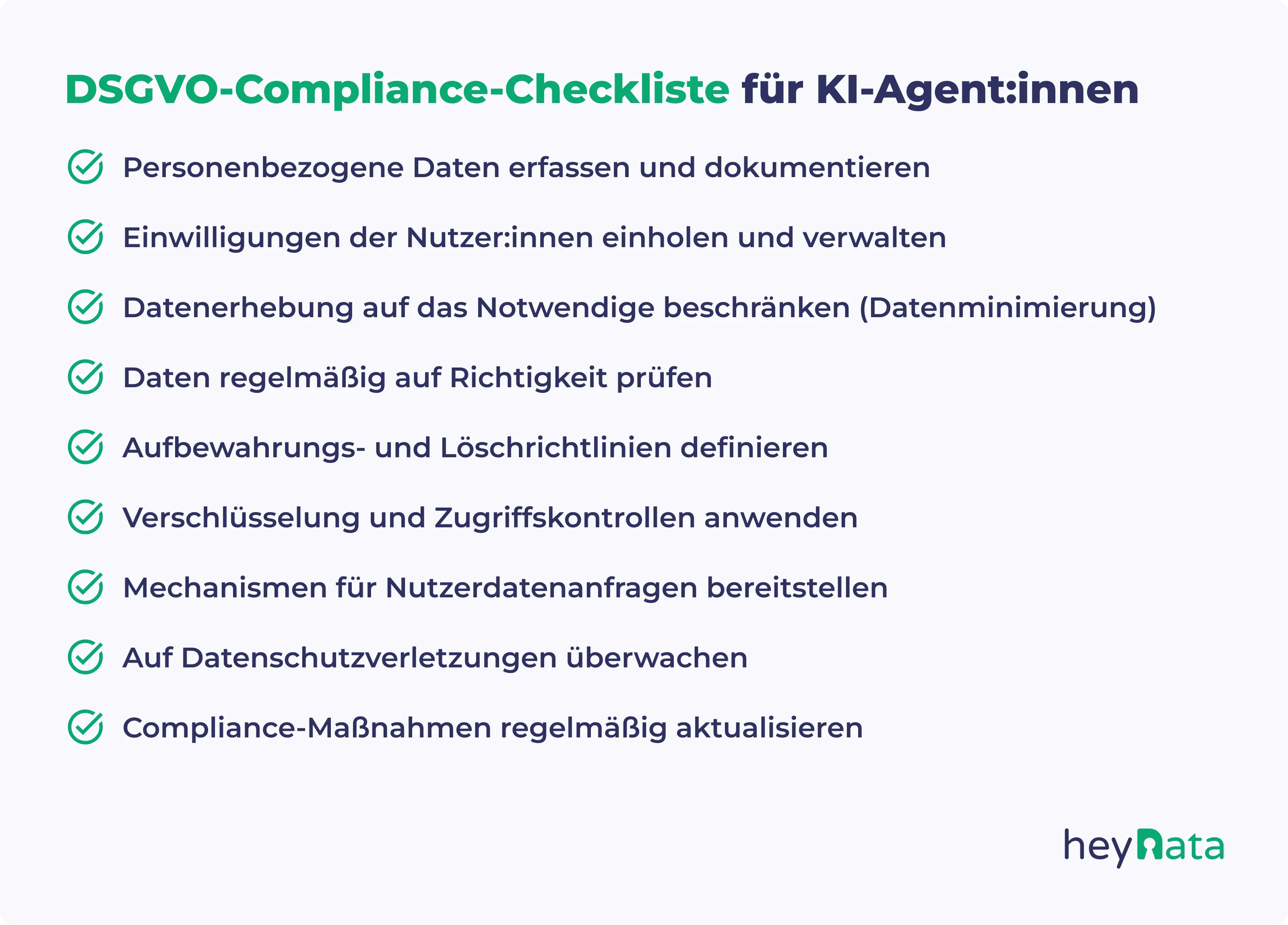 DSGVO-Compliance-Checkliste für KI-Agent:innen mit Punkten zu Datenerhebung, Einwilligung, Datenminimierung, Verschlüsselung, Löschrichtlinien und Nutzer:innenanfragen